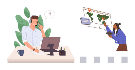 Customer service professional answering queries at a desk while teammate in presentation shares a global map. Ideal for teamwork, communication, customer service, remote work, training, global