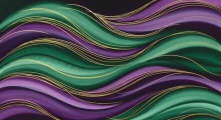 Abstract waves of purple and green with thin gold lines