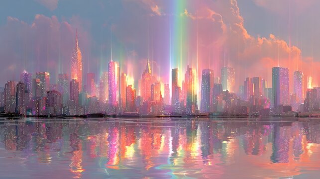 Vibrant city skyline, pastel hues, rainbow, reflecting water - Powered by Adobe