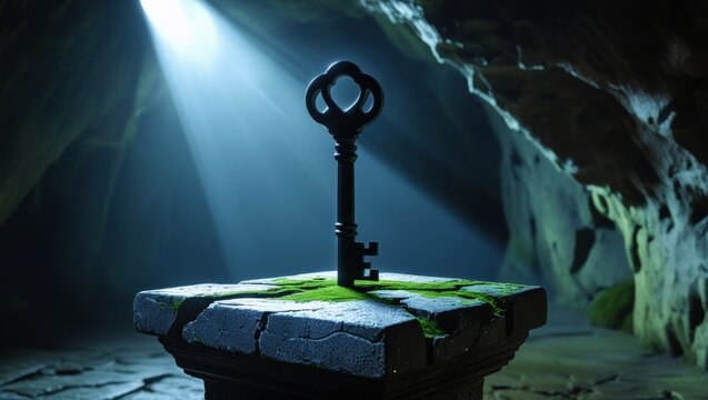 Antique key resting on a weathered stone pedestal in a dimly lit cavern.
