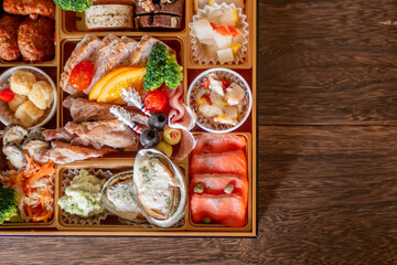 お正月の華やかな洋風おせちのオードブル (俯瞰撮影)