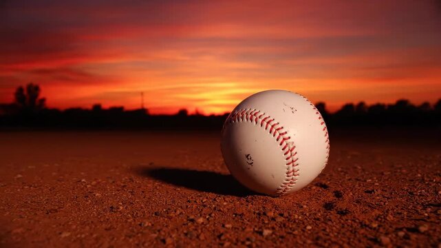 Softball at Sunset on Dirt Field - A worn softball rests on a reddish-brown dirt field, with a vibrant sunset casting a warm glow in the background.