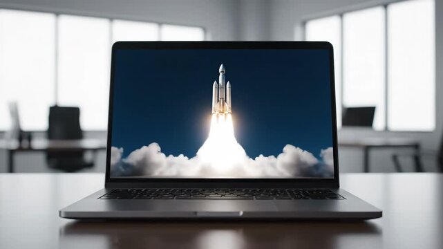 Rocket Launch on Laptop Screen - A silver laptop sits on a wooden desk in a modern office, displaying a rocket launching into space on its screen.