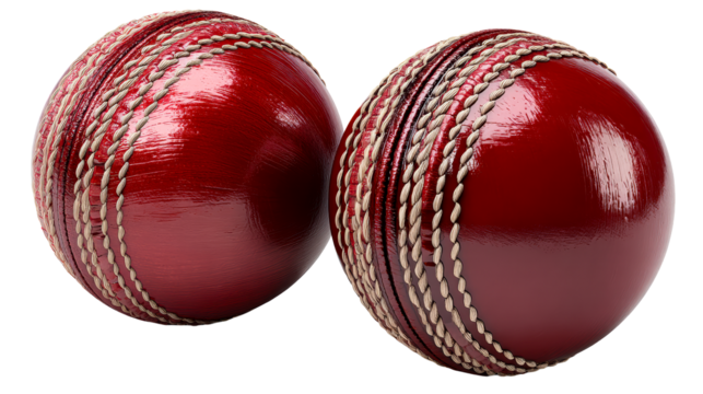Two Vivid Red Cricket Balls with Distinctive Stitched Seams on White, cut out transparent