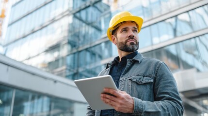 A construction worker in a hard hat holds a tablet while assessing a building project in a modern urban environment.