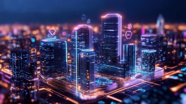 Illuminated skyscrapers with digital effects in futuristic city at night