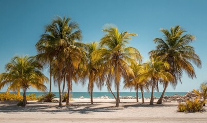 Tropical beach with palm trees under a clear sky