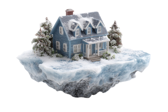 Tiny Snow-Covered House Model for Winter and Holiday Concept