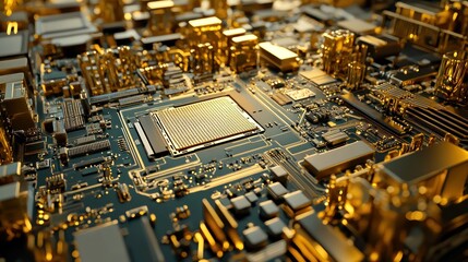 Artificial Intelligence Motherboard gold color, AI Learning, Machine learning, Internet technology networking concept. 3d rendering