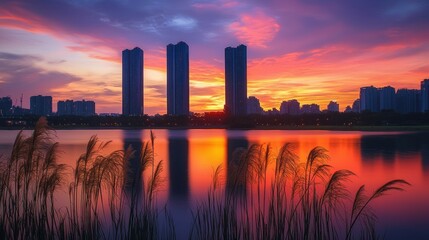 Silhouetted Cityscape Reflected in Still Water at Sunset