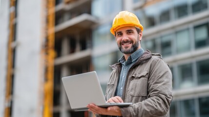 A construction worker using a laptop on-site, showcasing modern technology in the building sector.