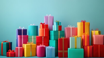 Obraz premium Numerous colorful gift boxes arranged for celebration in studio