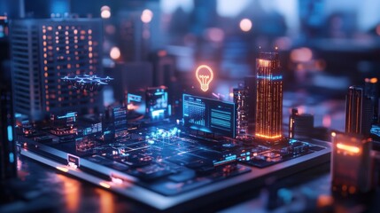 Miniature city with flying drone on computer screen at night
