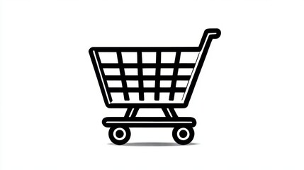 A simple black shopping cart icon on a white background, symbolizing retail and online shopping experiences.