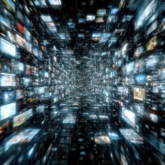 A digital tunnel filled with many small screens displaying various images, blurred and moving, creating a sense of overwhelming information