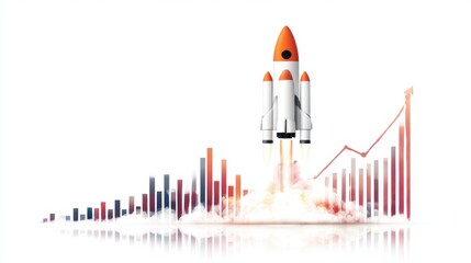 A rocket launches amidst rising bar graphs, symbolizing growth and success in business or technology.