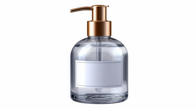 Transparent soap pump dispenser with gold top and blank label for branding or product design