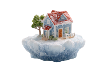 Tiny Snow-Covered House Model for Winter and Holiday Concept