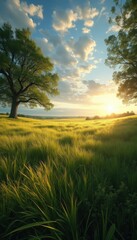 Fototapeta premium Large tree with green leaves at sunset over grassy field