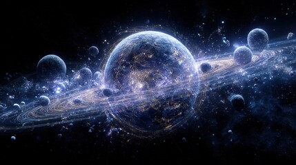 Obraz premium A stunning depiction of a cosmic scene featuring a planet surrounded by a ring system and several smaller celestial bodies in a starry backdrop.