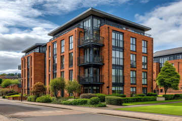 Obraz premium Modern four-story brick residential building with large windows and balconies, surrounded by greenery and well-maintained lawns.