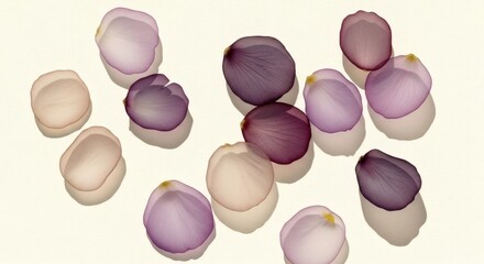 Translucent rose petals of varying pink and purple hues scattered on a cream background