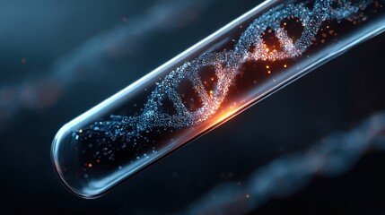 A close-up of a glowing test tube containing a spiraling DNA strand, emphasizing scientific innovation and genetic research.