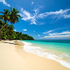 Fototapeta premium Tropical beach scene; white sand, turquoise water, palm trees, and blue sky