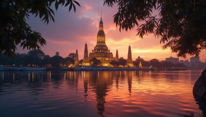 Obraz premium Illuminated temple reflecting in water at sunset