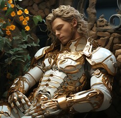 A handsome knight in golden armor, with short wavy hair and brown eyes, standing under a blue vaulted ceiling with gold leaf, in the style of fantasy art.