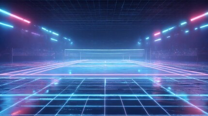 A futuristic indoor soccer arena illuminated with neon lights and a reflective floor, creating a dynamic and vibrant atmosphere.