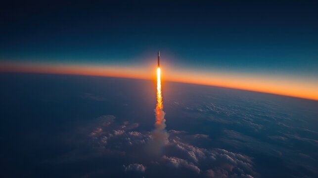 Rocket launching at sunset with fiery exhaust trail in clouds - Powered by Adobe