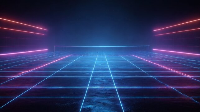 A futuristic soccer field illuminated by neon lights, featuring a grid pattern on the ground and an ethereal ambiance. - Powered by Adobe