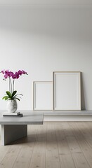 Modern minimalist interior with orchid flowers and blank picture frames mockup on white wall showcasing design potential and stylish home decor