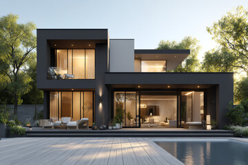 Modern two-story house with large glass windows and outdoor seating area by a pool.
