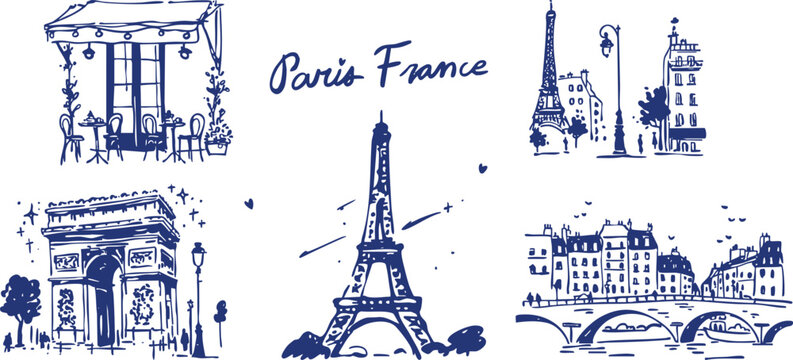 Paris, France Doodle Collection &ndash; Eiffel Tower, Arc de Triomphe, Parisian Caf&eacute;, Seine River Bridge &ndash; Hand-Drawn Vector Illustration