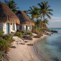 A serene tropical island paradise with a beach hut on the sand, surrounded by palm trees and the sparkling turquoise sea
