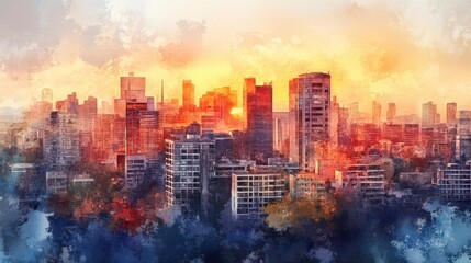 Obraz premium Vibrant cityscape at sunset with colorful buildings