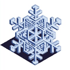 A stylized, isometric, light-blue snowflake with intricate, pixelated details