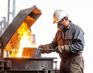 A foundry worker in protective gear carefully pours molten metal from a furnace into a mold, with sparks and flames erupting.