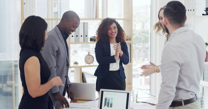 Business people, meeting and team with applause for success, support and positive sales projections on laptop. Screen, graphs and good financial forecast with praise for collaboration and achievement