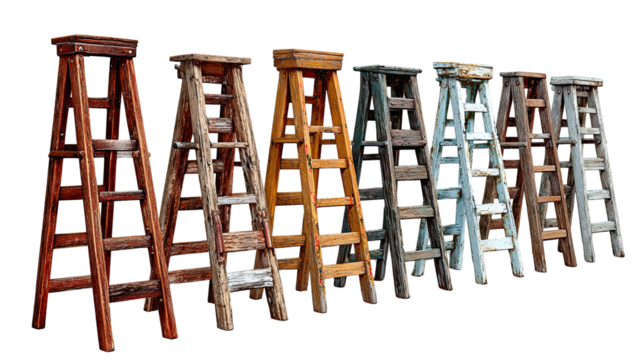 Vintage Ladders: A collection of weathered, wooden step ladders stands in a row. Each with a unique character, the ladders embody rustic charm and timeless utility.