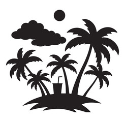 Obraz premium Silhouette illustration of a tropical beach scene with palm trees clouds and refreshment cup