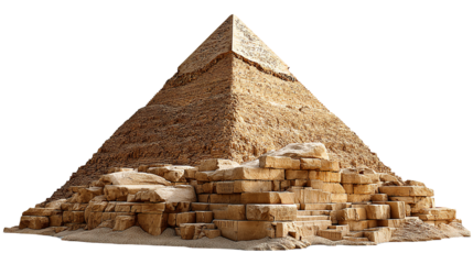 Pyramid of Giza: An awe-inspiring view of the Great Pyramid of Giza, one of the Seven Wonders of the World, standing tall and proud against a beautiful landscape. This historic landmark.