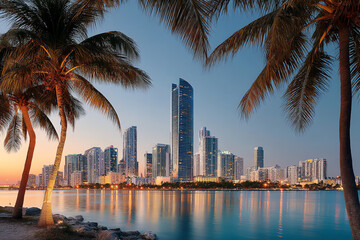 Naklejka premium Skyline of modern skyscrapers and buildings along a waterfront city at dusk, framed by palm trees.