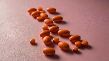 Orange pills scattered randomly on a pink surface, minimalistic top-down view, vibrant contrast for graphic design use.