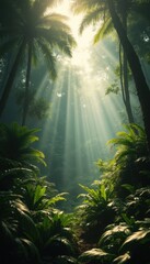 Sunlight Rays Through Lush Tropical Rainforest Foliage