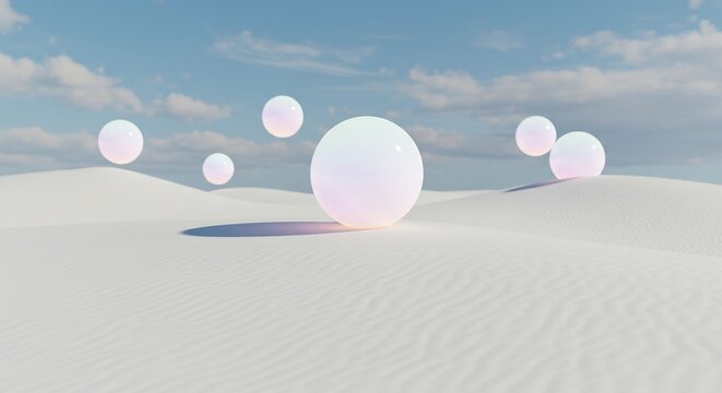 白砂漠に浮かぶ虹色球体 柔らかな光が輝く幻想風景. AI Generated