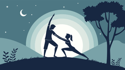  Silhouette of a couple practicing partner yoga outdoors (