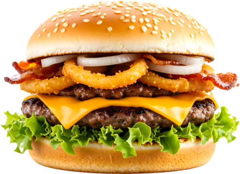 A delicious double cheeseburger with lettuce, onion rings, and bacon, presented against a white background.